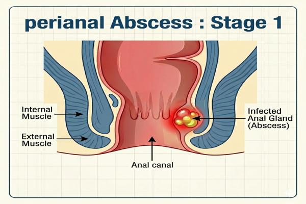 Stage 1 perianal abscess showing early infection and localized swelling – perianal abscess healing stages pictures.