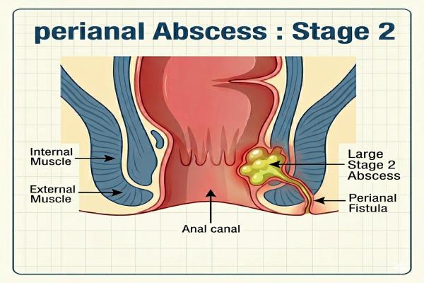 Stage 2 perianal abscess pictures showing advanced inflammation and deep tissue infection.
